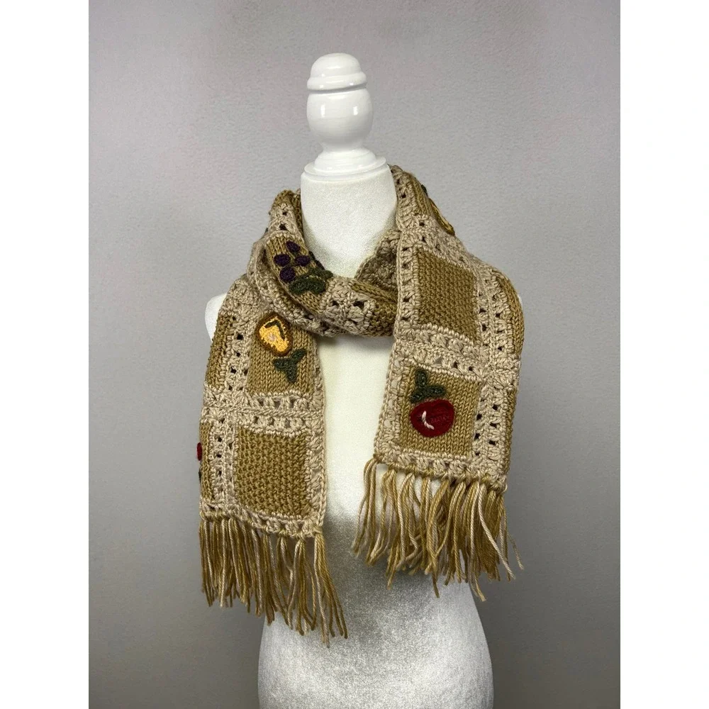 Cottagecore Handmade Women One‎ Size Tan Crochet Fruit Applique Fringe Scarf
